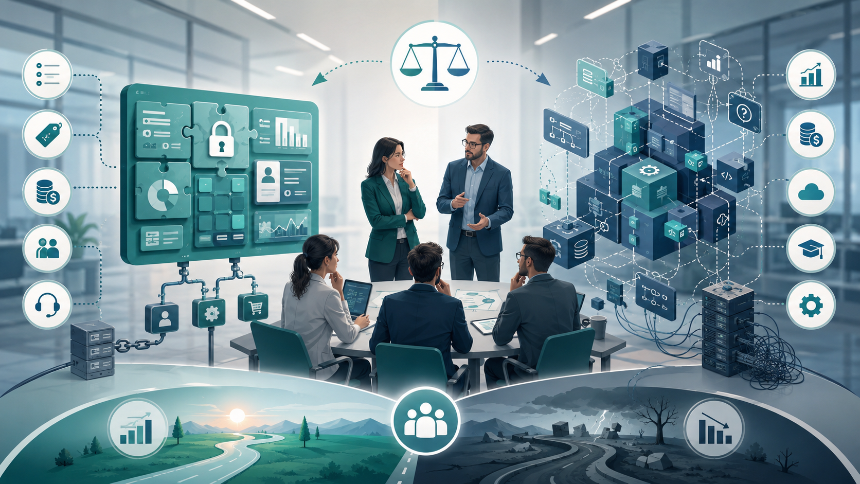 Business team comparing off-the-shelf software limitations with custom software flexibility