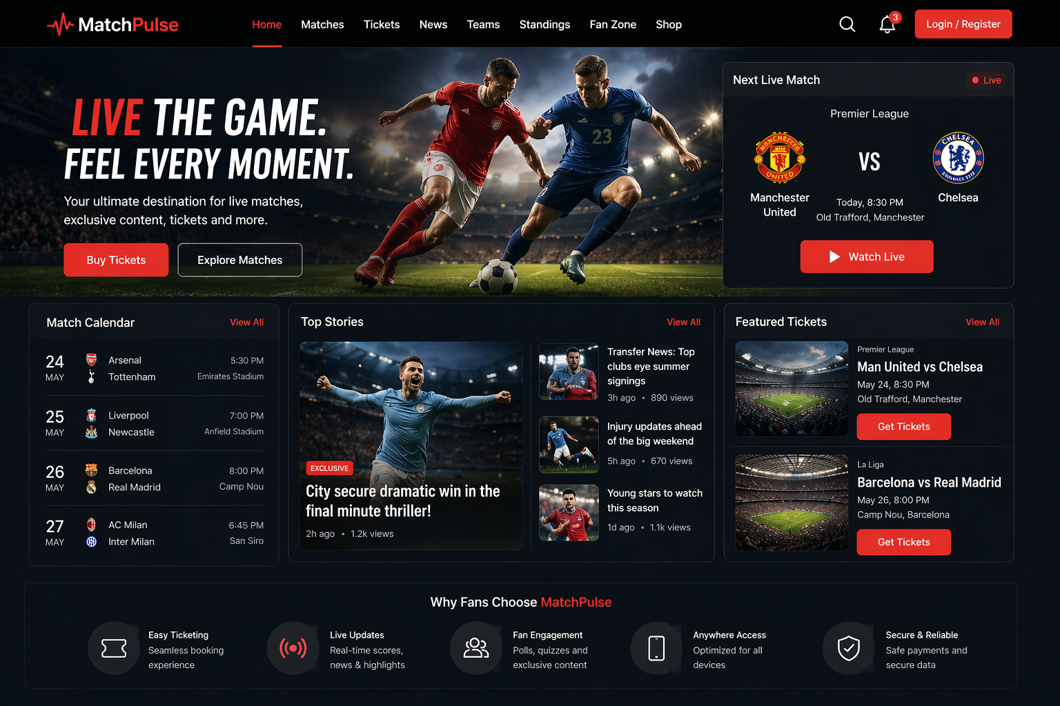 MatchPulse – Sports Web Development Services for Fan Engagement, Ticketing, and Live Content